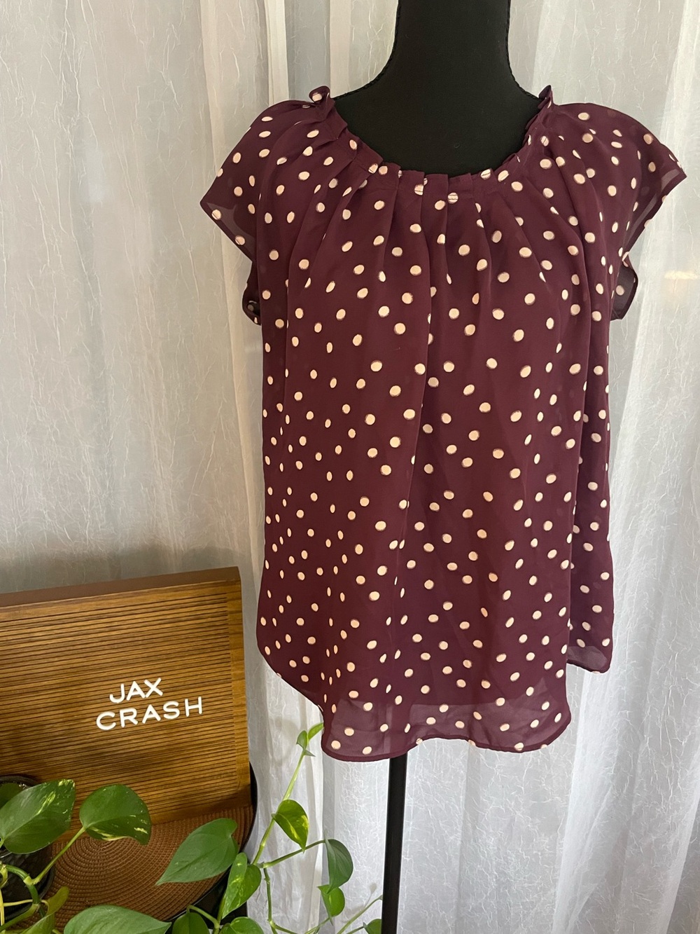 LC Lauren Conrad Plum Polka Dot Cap Sleeve Blouse